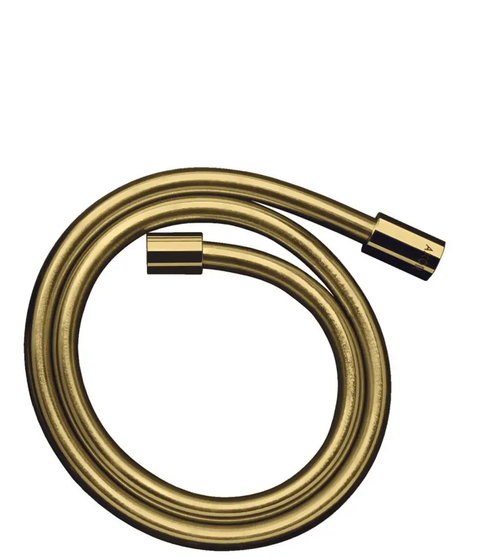 Goldener Brauseschlauch von AXOR Starck mit Metalleffekt und zylindrischen Muttern.